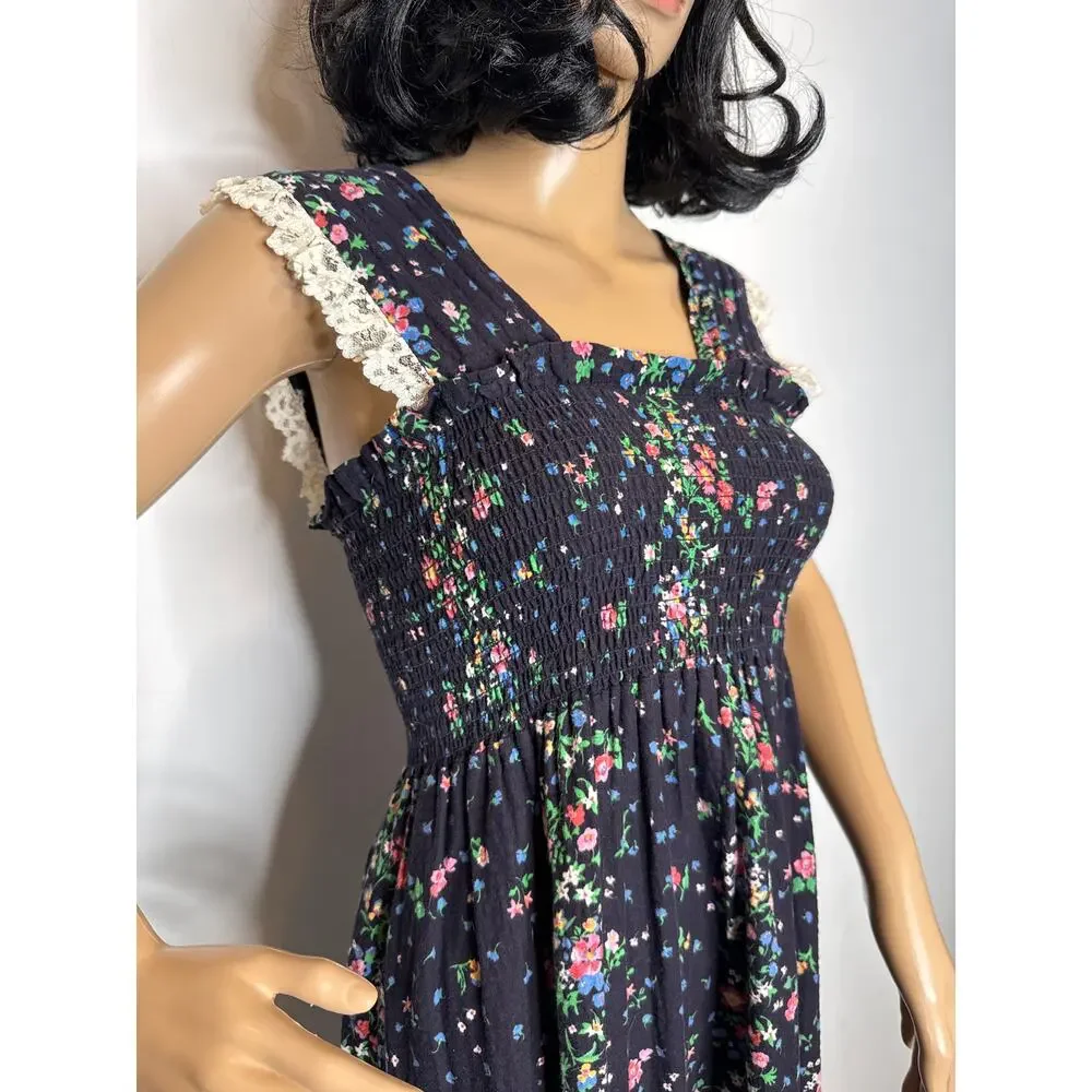Vintage 70s The Fig Leaf Floral Smocked Cottagecore Prairie Midi Cotton Dress XS